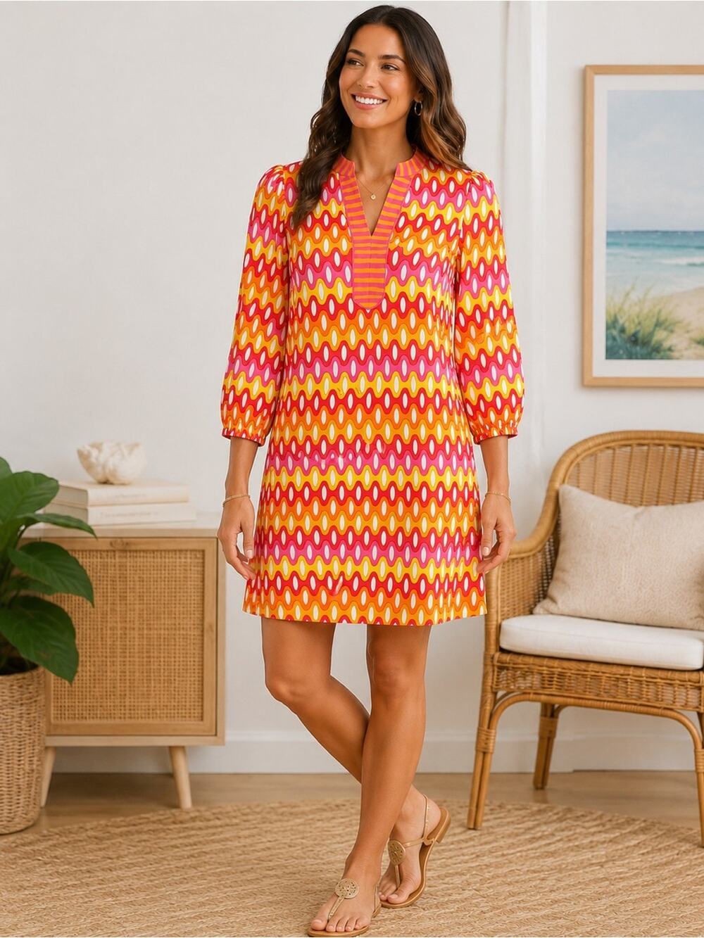 J.McLaughlin Retro Mod Print Shift Dress Pink Orange Catalina Cloth Size XL
